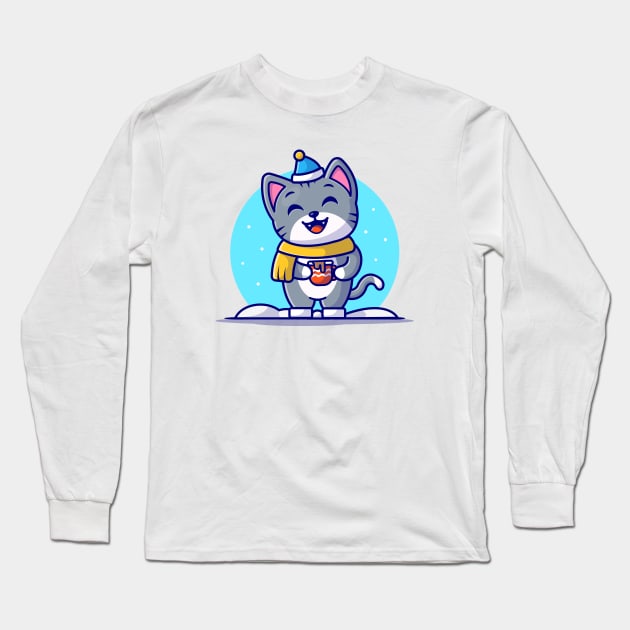 Cute Cat Holding Coffee In Snow Cartoon Vector Icon Illustration Long Sleeve T-Shirt by Catalyst Labs